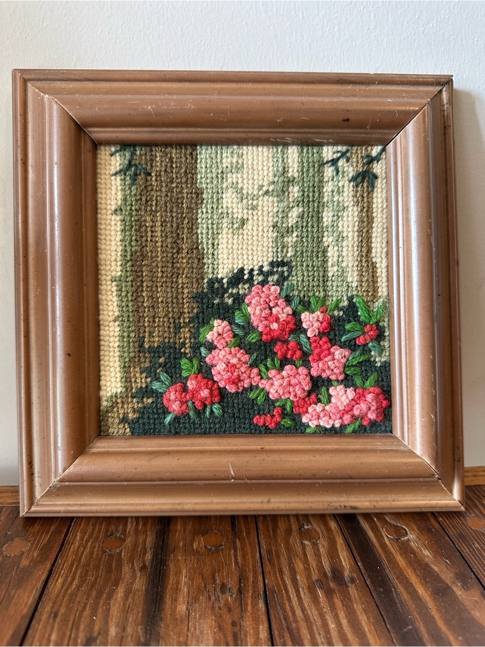 Pink Floral Needlepoint Wall Art in Frame